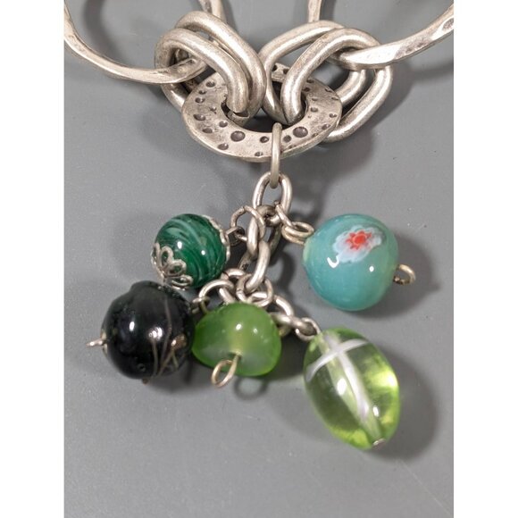 Mozaic Silver TOne Green Glass Charm Chain Bracelet Chunky Boho 8.5-11" - Picture 2 of 7